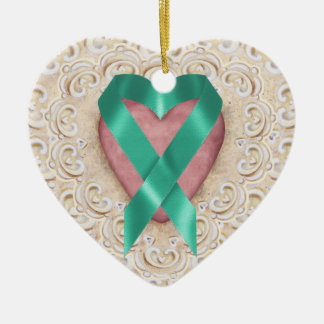 Ornement En Céramique Ruban du cancer turquoise du coeur - SRF