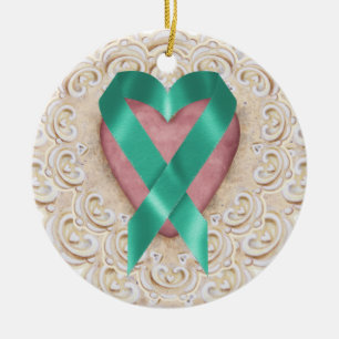 Ornement En Céramique Ruban du cancer turquoise du coeur - SRF