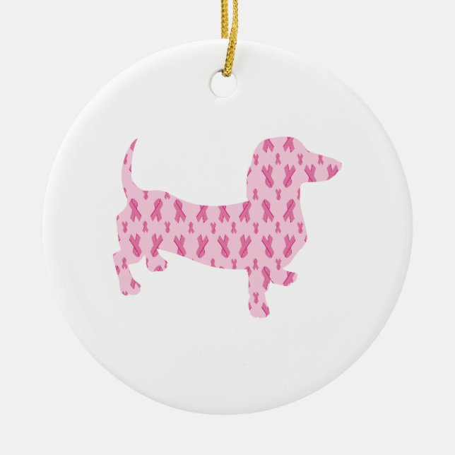 Ornement En Céramique Ruban rose Dachshund pour cancer (Devant)