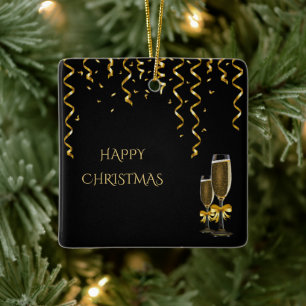 Ornement En Céramique Rubans dorés et Champagne Noël