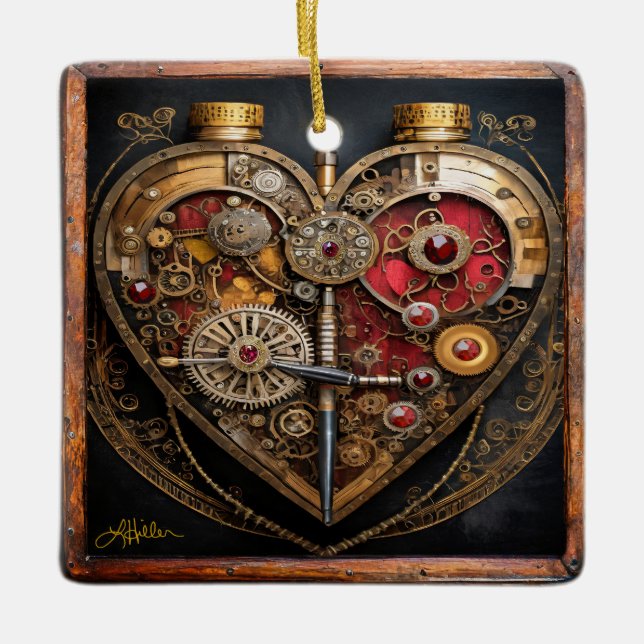 Ornement En Céramique Rubies Et Engrenages Coeur Steampunk Series (Devant)