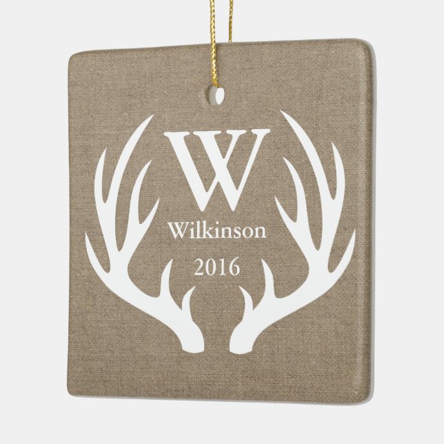 Ornement En Céramique Russe Faux Burlap White Deer Antlers Photo (Gauche)