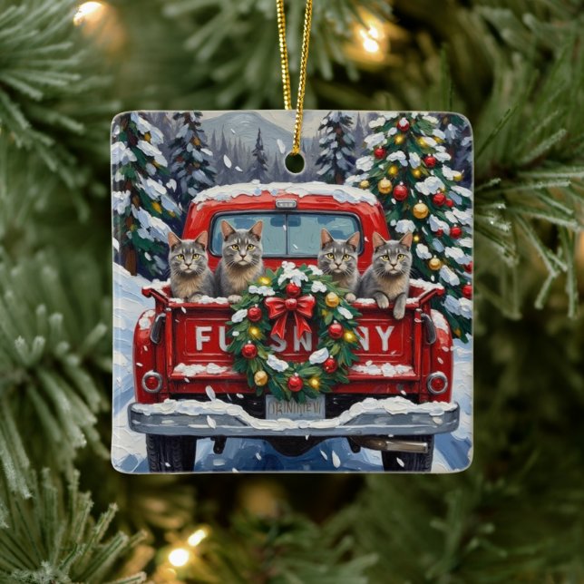 Ornement En Céramique Russian Blue Cat Christmas Red Truck Holiday (Arbre)