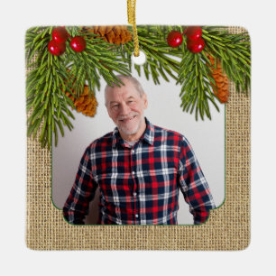 Ornement En Céramique Rustique Burlap Pine Boughs Memorial Photo Noël