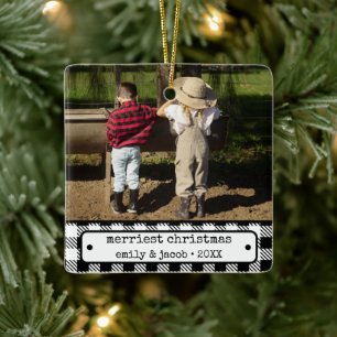 Ornement En Céramique Rustique One Photo Vintage Plaid Custom Christmas