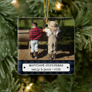 Ornement En Céramique Rustique One Photo Vintage Plaid Custom Christmas