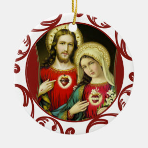 Ornement En Céramique Sacré Jésus Immaculé Coeur Marie Dentelle rouge