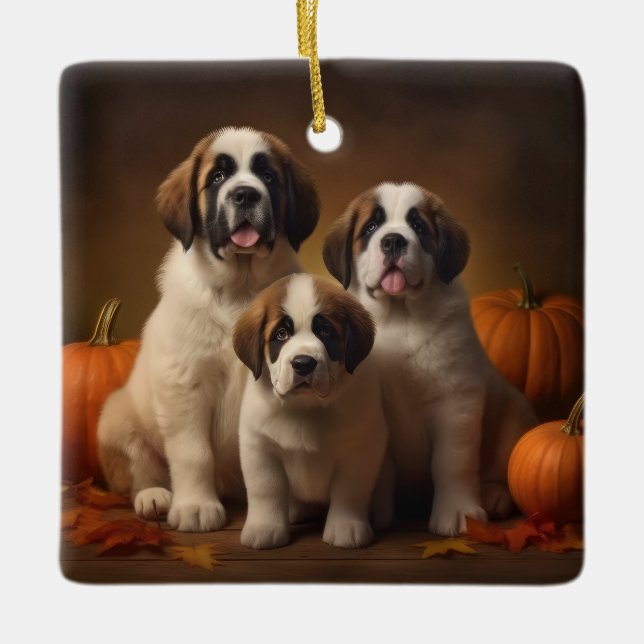 Ornement En Céramique Saint Bernard Puppy Automne Citrouille (Devant)