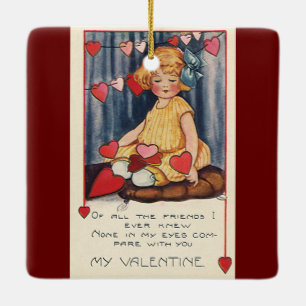 Ornement En Céramique Saint-Valentin mignon vintage, Fille avec des cœur