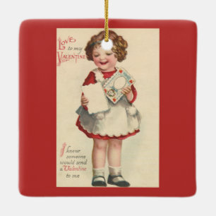Ornement En Céramique Saint-Valentin mignon vintage, Fille avec lettre d