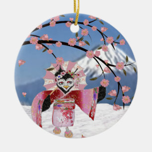 Ornement En Céramique Sakura Geisha Bird dans les fleurs de cerisiers de