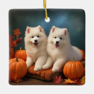 Ornement En Céramique Samoyed Chiot Automne Citrouille de plaisir