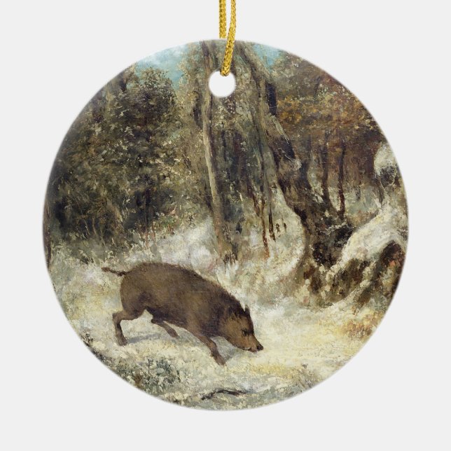 Ornement En Céramique Sanglier dans la neige, signée comme Courbet (Devant)