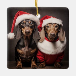 Ornement En Céramique Santa Claus Dachshund Twins