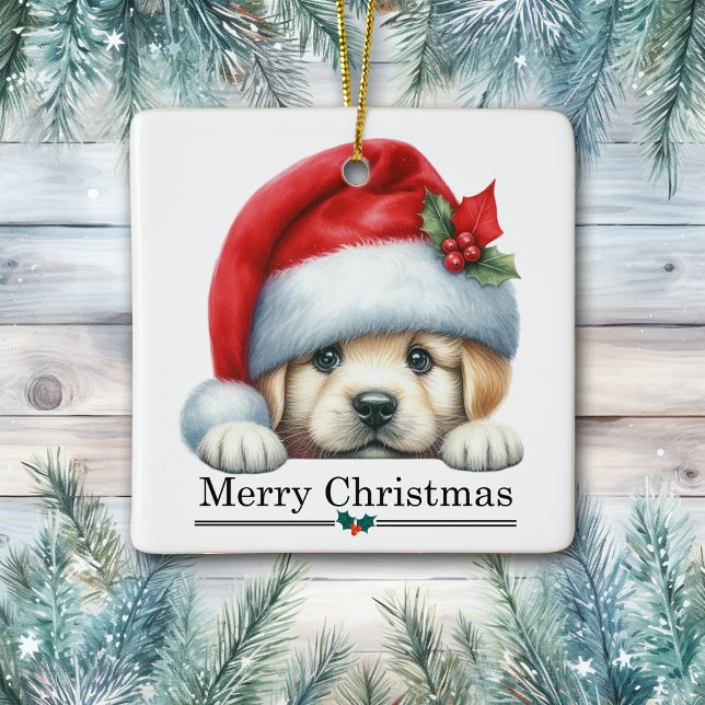 Ornement En Céramique Santa Hat Golden Retriever Puppy Merry Christmas (Créateur téléchargé)