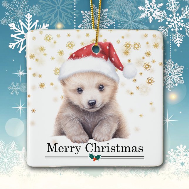 Ornement En Céramique Santa Hat Polar Bear Cub Merry Christmas (Créateur téléchargé)