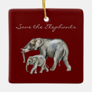 Ornement En Céramique Sauvez les éléphants Beaux animaux Rouge Script