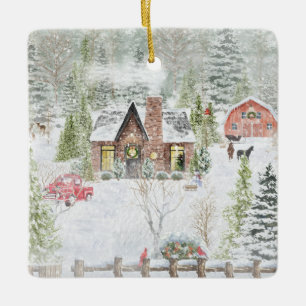 Ornement En Céramique Scène de cabane de Noël en hiver enneigé