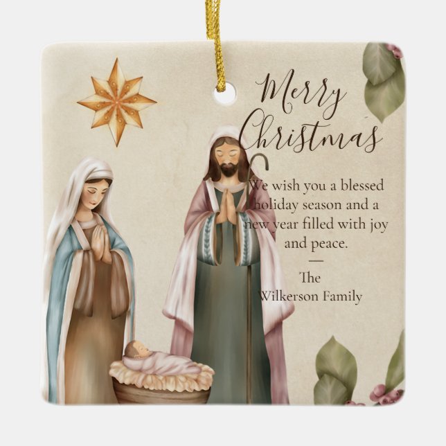 Ornement En Céramique Scène de nativité personnalisée Citation de Noël r (Devant)