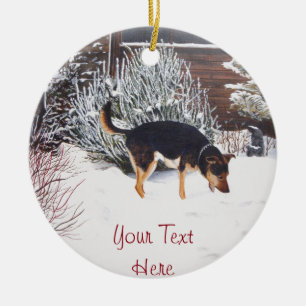 Ornement En Céramique Scène de neige d'hiver avec le chien noir et