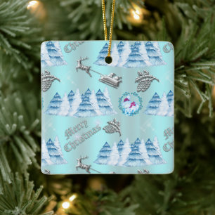 Ornement En Céramique Scène d'hiver de Noël bleu