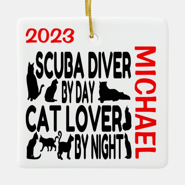 Ornement En Céramique Scuba Diver Aime les chats PERSONNALISÉ (Devant)