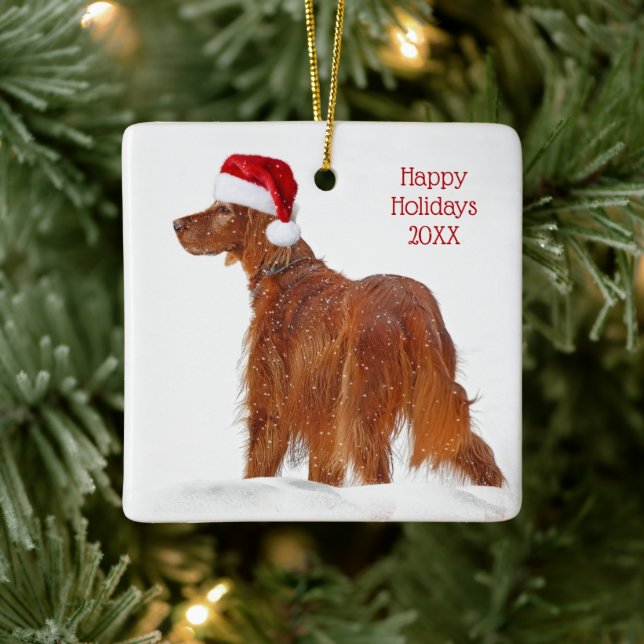 Ornement En Céramique Setter irlandais avec Casquette du Père Noël (Arbre)