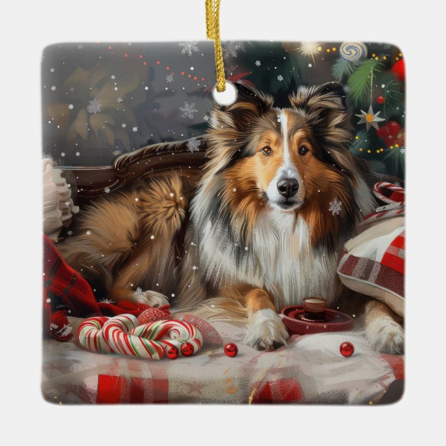 Ornement En Céramique Shetland Sheepdog Festif de Noël (Devant)