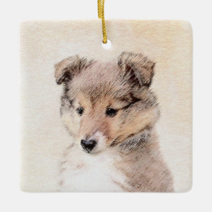 Ornement En Céramique Shetland Sheepdog Puppy Painting Original Dog Art