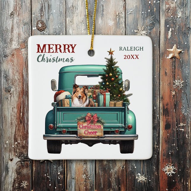 Ornement En Céramique Shetland Sheepdog Retro Truck Noël (Créateur téléchargé)