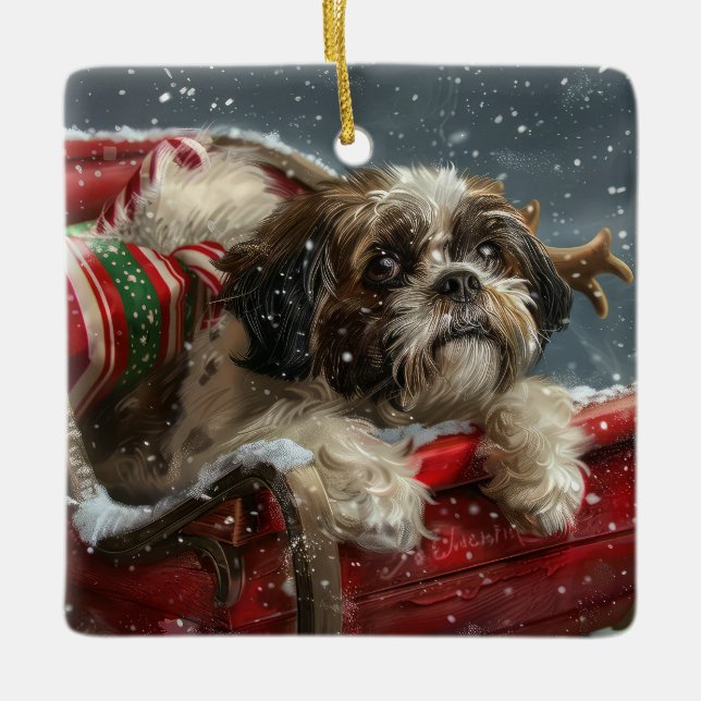 Ornement En Céramique Shih Tzu Chien Festif de Noël (Devant)