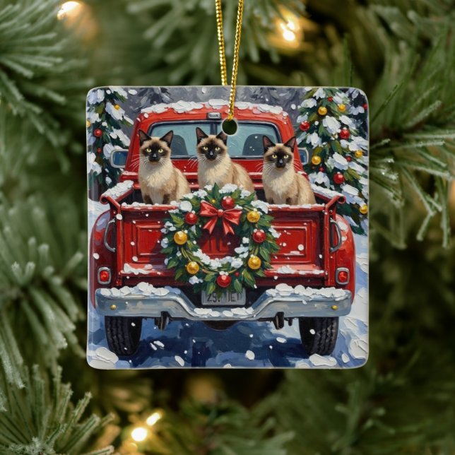 Ornement En Céramique Siamese Cat Christmas Red Truck Holiday (Arbre)