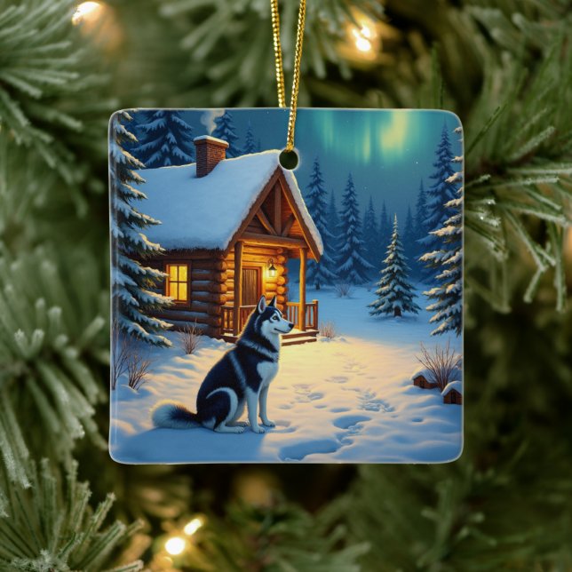 Ornement En Céramique Siberian Husky Snowy Cabin Christmas Painting (Arbre)