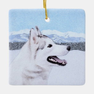 Ornement En Céramique Sibérie Husky (argent et blanc) Peinture Chien Art