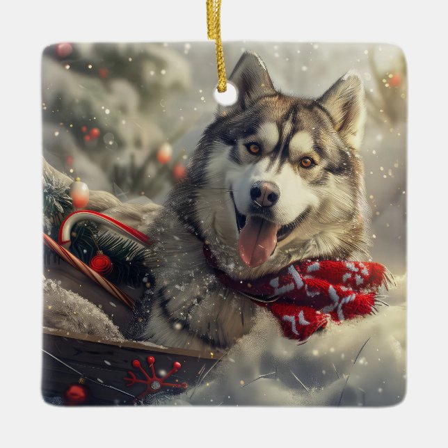 Ornement En Céramique Sibérie Husky Chien Festif de Noël (Devant)