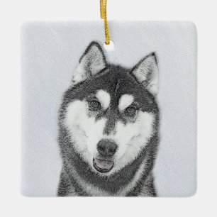 Ornement En Céramique Sibérie Husky (noir et blanc) Peinture Chien Art