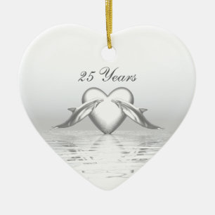 Ornement En Céramique Silver Anniversary Dolphins et Heart