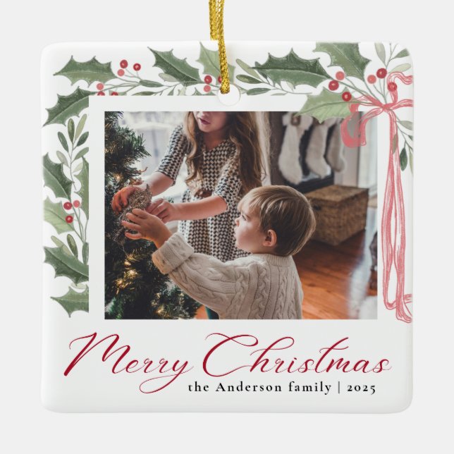 Ornement En Céramique Simple Elegant Script Family Photo Merry Christmas (Devant)
