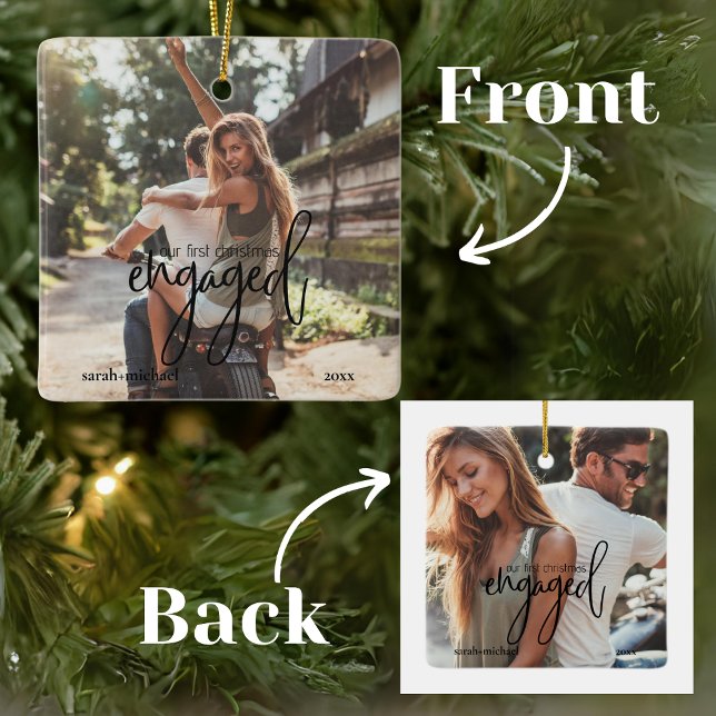 Ornement En Céramique Simple moderne 2 Photos Notre premier Noël Engagé (Créateur téléchargé)