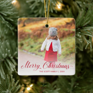 Ornement En Céramique Simple rouge élégant script photo Joyeux Noël