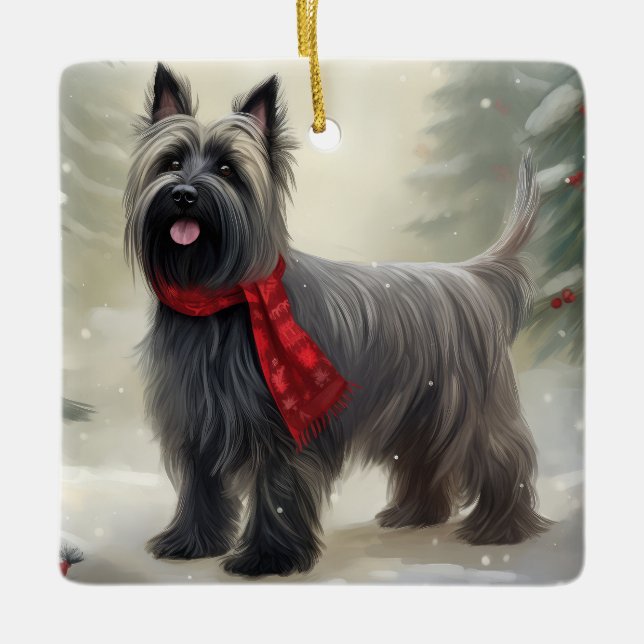Ornement En Céramique Skye Terrier Dog à Noël de neige (Devant)