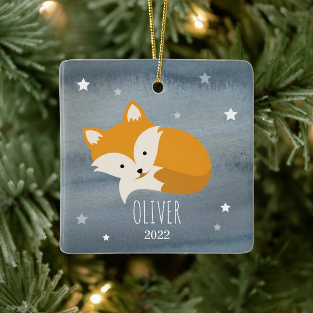 Ornement En Céramique Sleepy Fox Stars Baby Cub Premier Noël (Arbre)