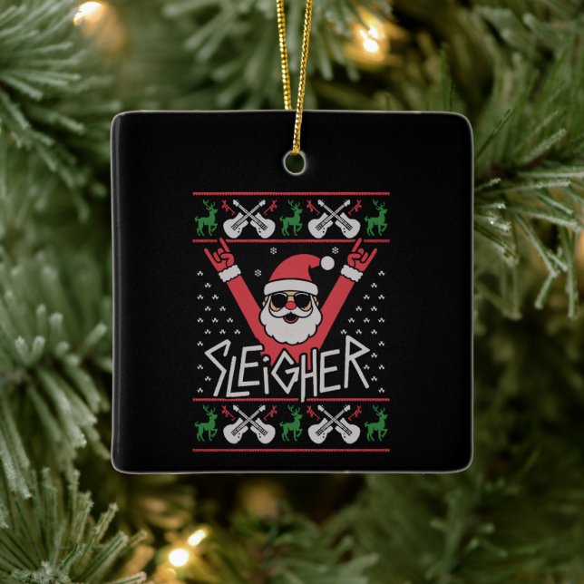 Ornement En Céramique Sleigher Santa Christmas Rock n Roll Ugly Sweat (Arbre)