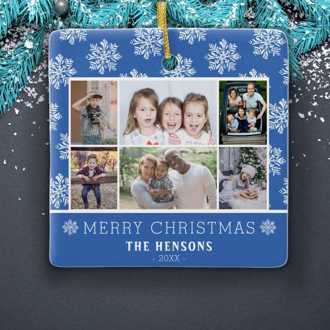 Ornement En Céramique Snowflake Motif Famille 6 Photo Collage Noël (Créateur téléchargé)