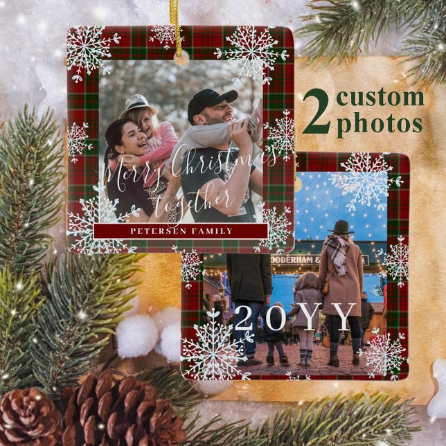 Ornement En Céramique Snowflakes 2 photo de famille personnalisée tartan (Créateur téléchargé)