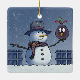 Ornement En Céramique Snowman avec oiseau