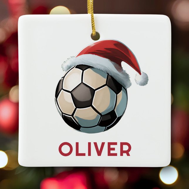 Ornement En Céramique Soccer Football Ball Red Santa Hat Name Christmas  (Créateur téléchargé)