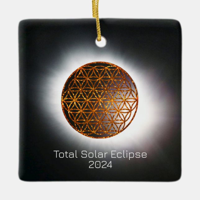 Ornement En Céramique Solar Eclipse 2024 Gold Sparkling Flower of Life (Devant)