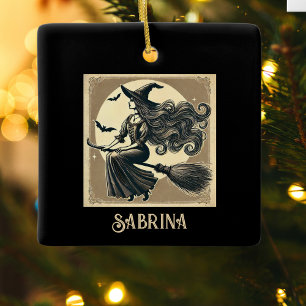 Ornement En Céramique Sorcière Élégante sur Balai Halloween Vintage Noir