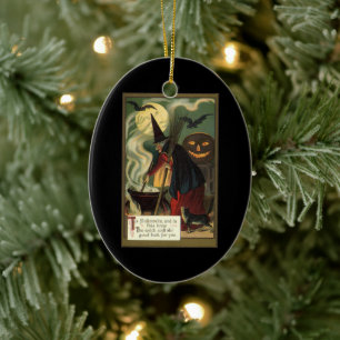 Ornement En Céramique Sorcière Halloween Vintage remuant un chaudron mag